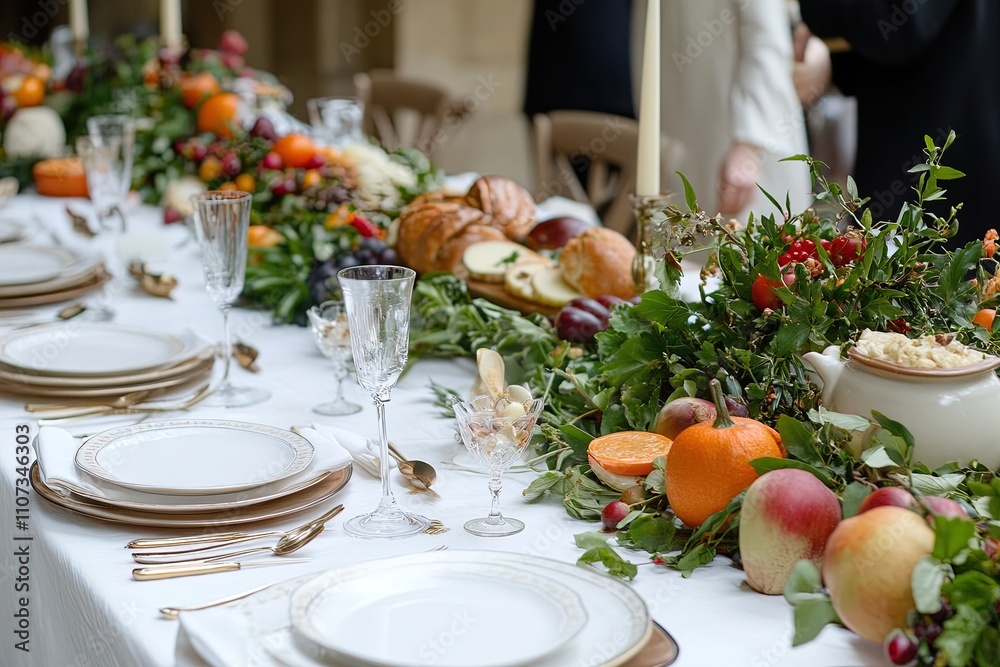 Fototapeta premium Elegant table setting adorned with seasonal fruits and greenery for a festive gathering in autumn