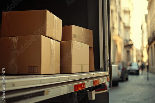 A delivery truck with parcels that wave as they peek out from the back photo