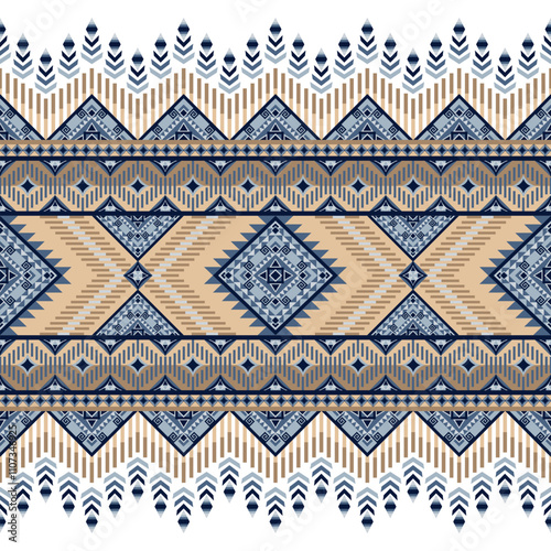 Blue navy and brown geomatric seamless, Tribal, Native American, Navajo, Aztec, pattern design for textile such as carpet, curtains, wraps, blanket, decoration such as wallpaper, illustrations.