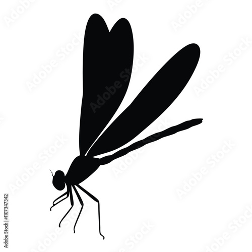 A black and white drawing of a dragonfly. The dragonfly is laying on its side and has its wings spread out