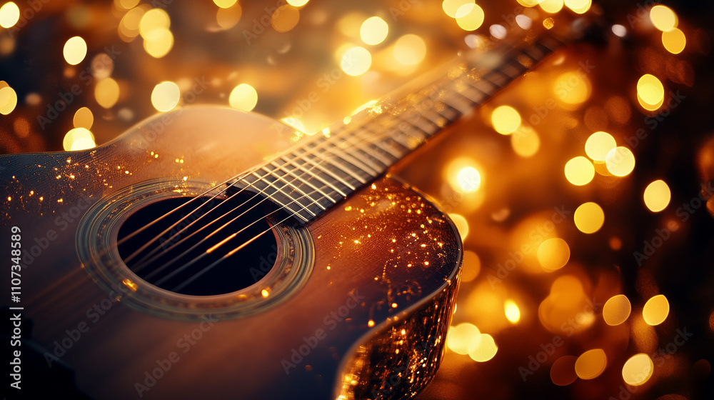 Fototapeta premium Acoustic guitar with glowing fairy lights in a warm festive background creating a magical musical ambiance