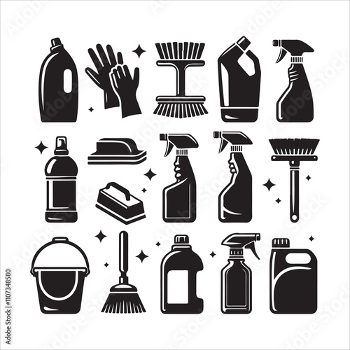 Cleaning tools silhouette vector. House cleaning icons. House cleaning silhouette illustration