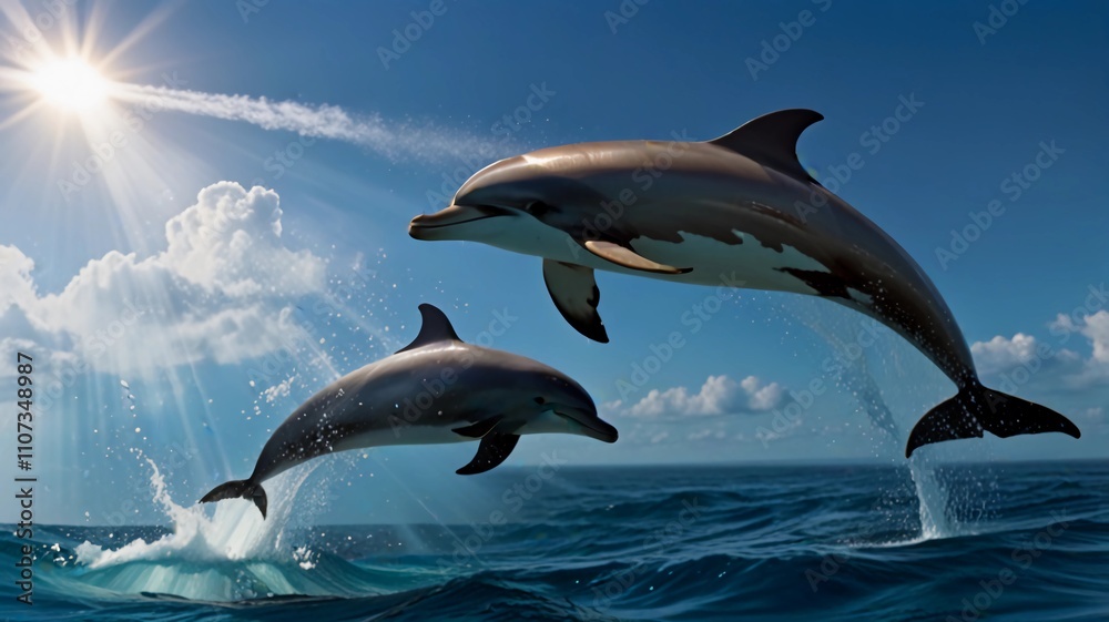 Fototapeta premium dolphins jump out of the calm, bright sea