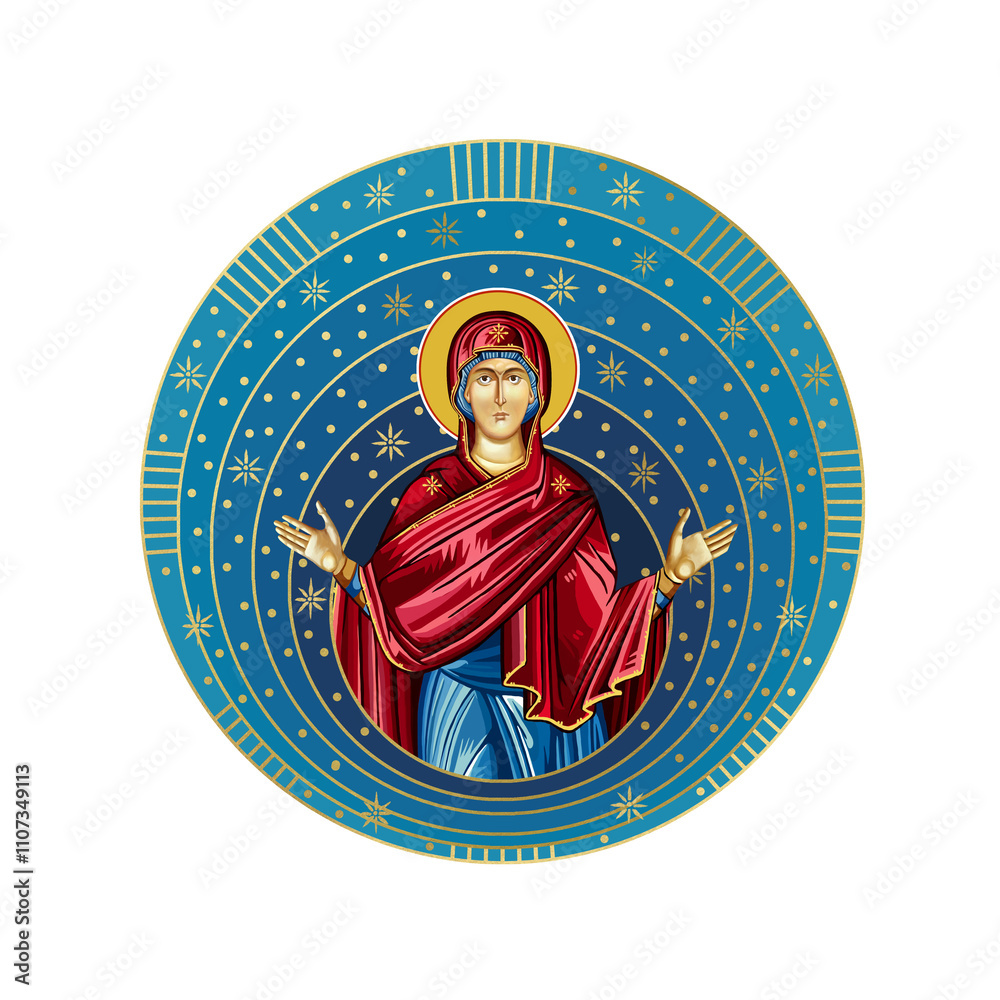 Fototapeta premium Assumption of Mary. Starry sky round illustration in Byzantine style