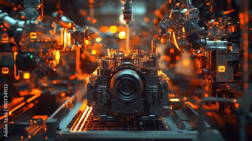 Robotic arms assembling a complex mechanical part on a factory assembly line.