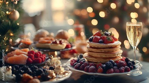 Christmas Festive Pancakes with Berries and Champagne photo