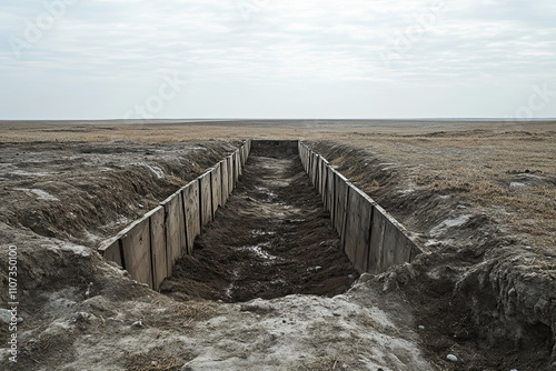 Trenches in a barren field, representing the harsh realities of ground combat