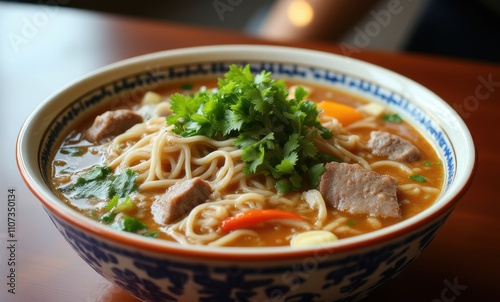 Delicious noodle soup topped with herbs