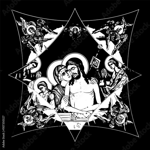 King of Glory on cross dome with 4 apostles, angels and seraphim. Ink illustration black and white in Byzantine style isolated