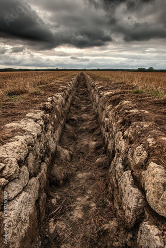 Trenches in a barren field, representing the harsh realities of ground combat