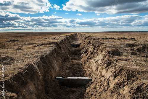 Trenches in a barren field, representing the harsh realities of ground combat