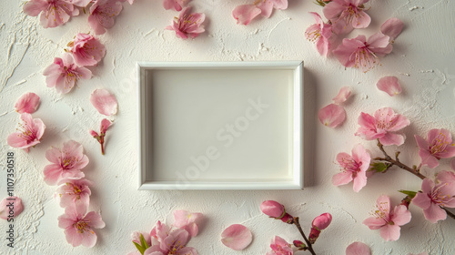 A frame surrounded by pink blossoms and petals on a light surface. photo