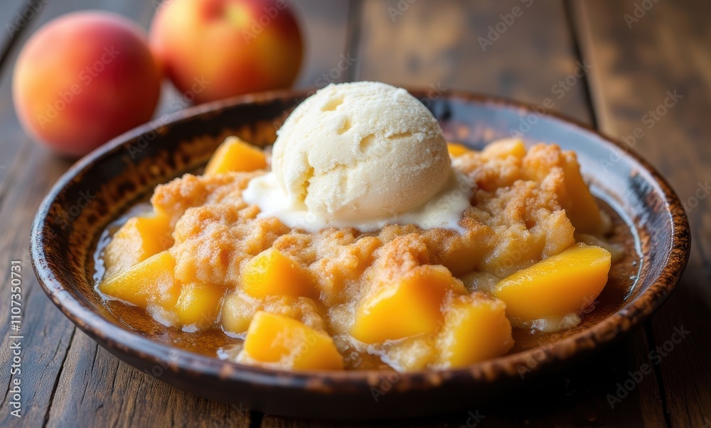 Delicious peach cobbler with vanilla ice cream Delicious peach cobbler with vanilla ice cream