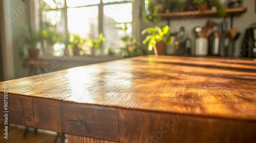 A wooden table reflecting morning sunlight with plant shadows cast. photo