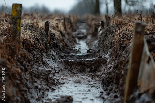 Trenches in a barren field, representing the harsh realities of ground combat