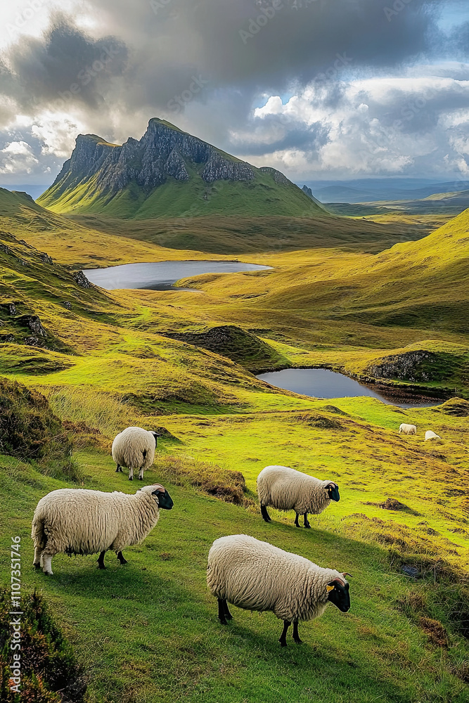 Obraz premium Highland landscape with rolling hills and scattered sheep grazing