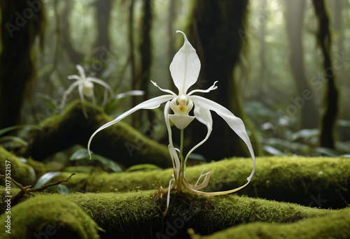 Ghost Orchid Flower in Its Enchanting Forest Habitat, A Rare and Mystical Bloom. photo