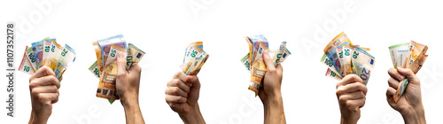 Variations of hands holding Euro banknotes isolated