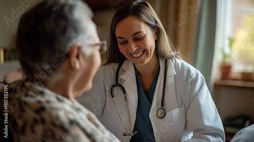 A photograph of a home nurse attending to a patient, both smiling warmly. The dedicated nurse ensures the continuity of care and closely monitors the patient's comfort, creating a nurturing photo