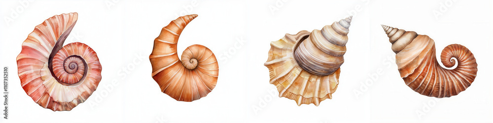 A collection of beautifully detailed seashells, showcasing various shapes and colors, arranged in a line against a plain background. A collection of beautifully detailed seashells, showcasing various shapes and colors, arranged in a line against a plain background.