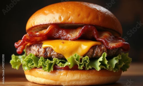 Juicy burger with bacon and cheese