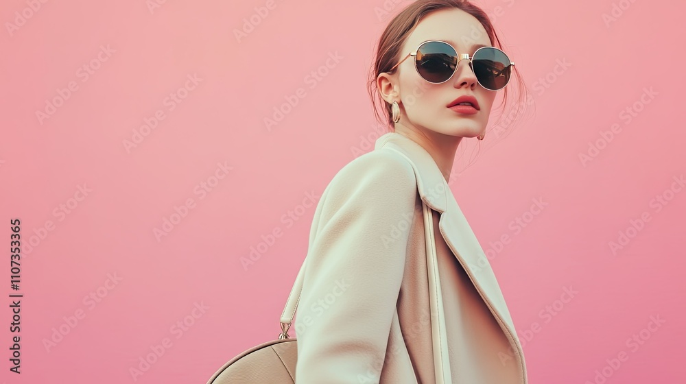 A modern, elegant woman wearing a pastel-colored coat and oversized sunglasses, carrying a designer handbag A modern, elegant woman wearing a pastel-colored coat and oversized sunglasses, carrying a designer handbag