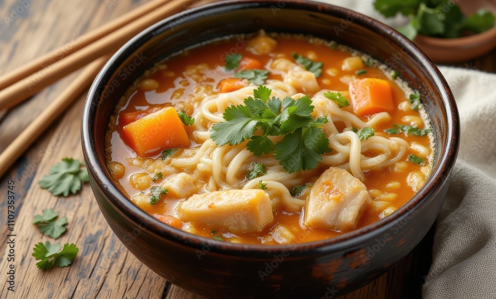 Delicious chicken noodle soup with garnishes Delicious chicken noodle soup with garnishes