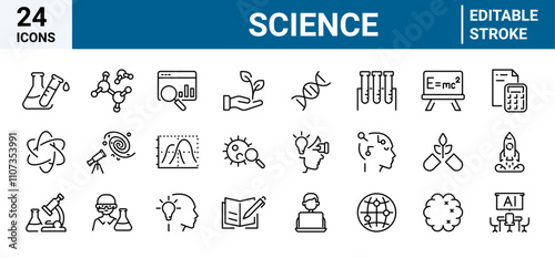 vector, science, illustration, icon, set, technology, symbol, research, sign, collection, biology, outline, line, laboratory, chemical, icon set, intelligence, brain, editable, business
