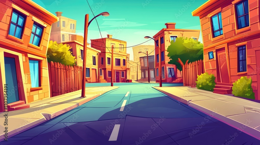 Fototapeta premium Cartoon Street Scene with Brick Buildings and a Blue Road