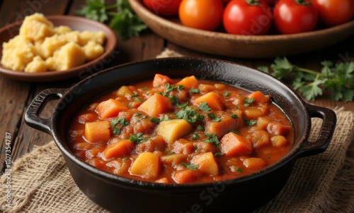 Hearty vegetable stew in black pot.