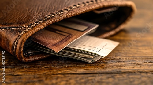 Leather wallet with cards and cash on wooden table. photo