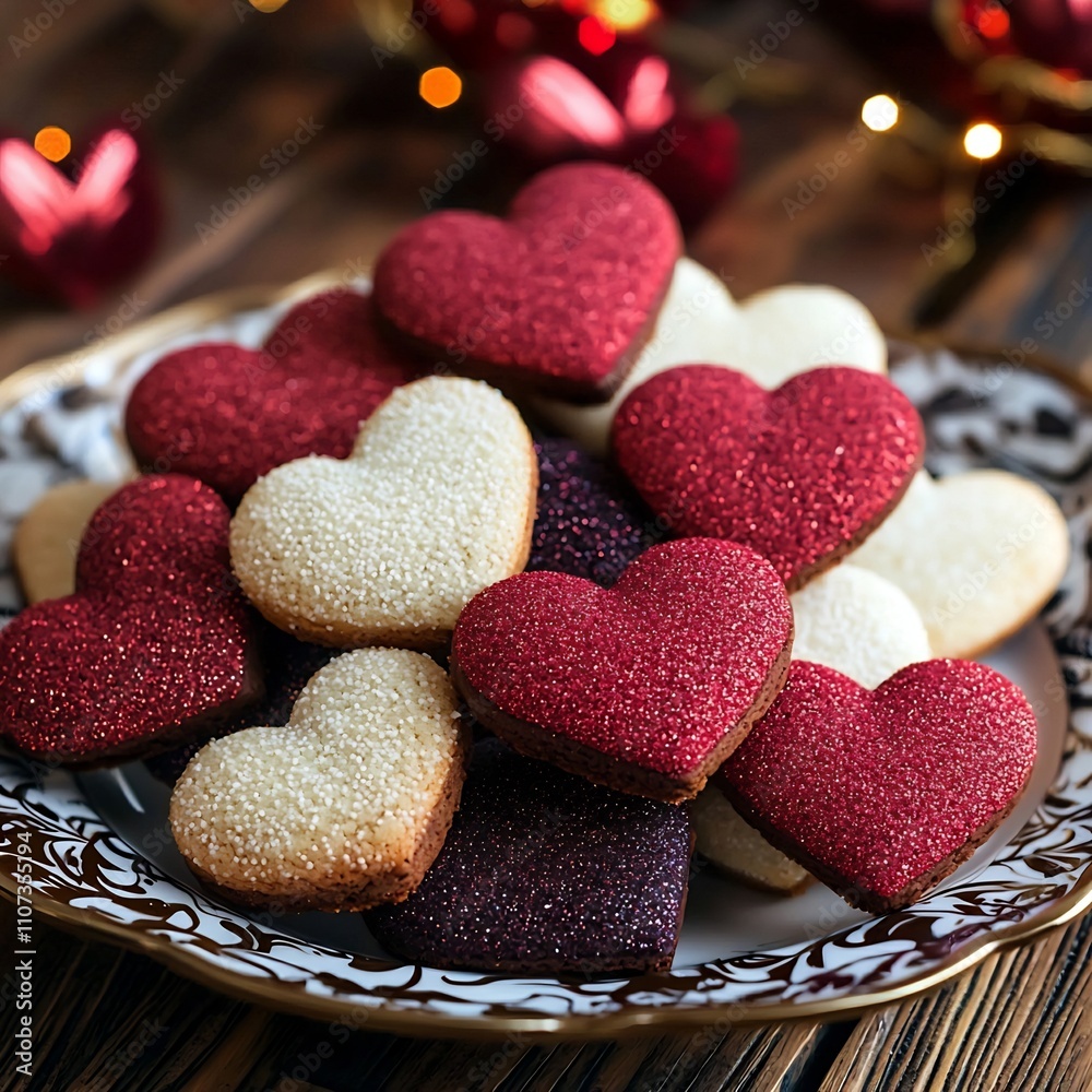 Fototapeta premium Valentine, Festive Heart-Shaped Cookies Arranged on Platter for