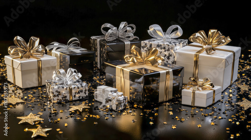 Beautifully decorated gifts with metallic bows and glossy wrapping. photo