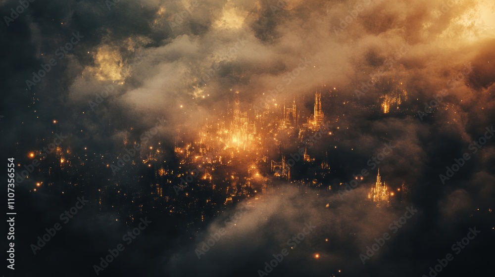 Obraz premium A fiery city shrouded in dark, ominous clouds, glowing intensely from below.