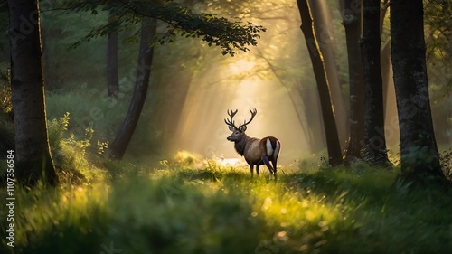 Red deer stag in Lush green fairytale growth concept foggy forest landscape image photo