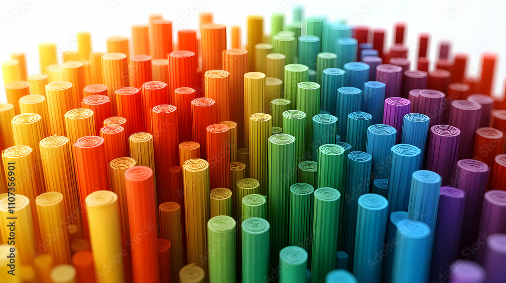 Obraz premium Abstract Colorful Cylinders, A vibrant, dynamic array of rainbow-hued columns forming a captivating visual landscape.
