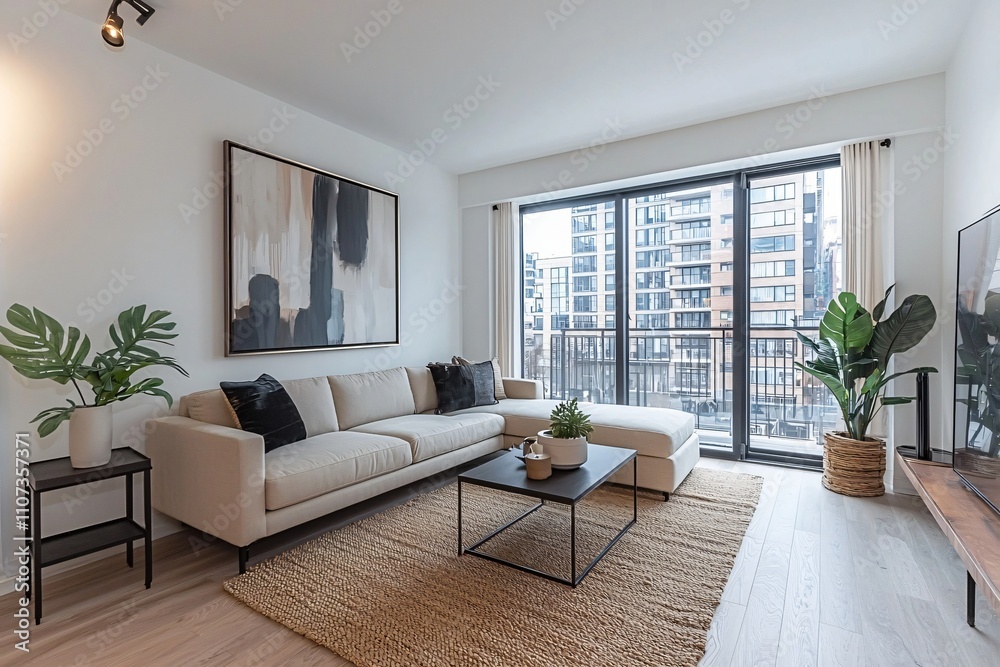 Fototapeta premium Modern Apartment Living Room Interior Design Luxury Couch City View