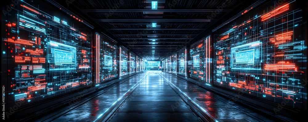 Obraz premium Futuristic Digital Corridor, Neon Data Streams Illuminate a Sleek, Cybernetic Passageway