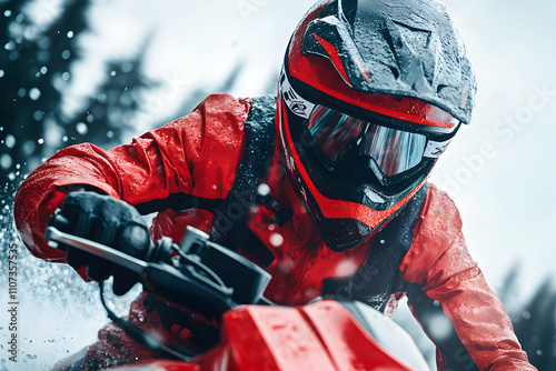 Snowmobile Rider in Red Gear Navigates Snowy Terrain