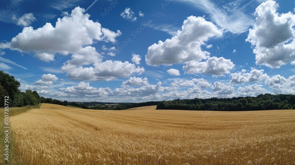Fototapeta premium A panoramic view of golden wheat fields under a vibrant, cloud-dotted summer sky.