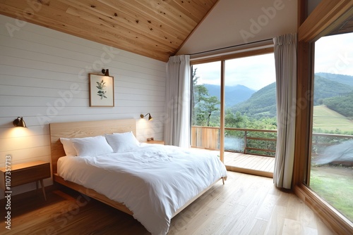 Mountain View Bedroom Modern Minimalist Design Wood Accents Light Wood Flooring