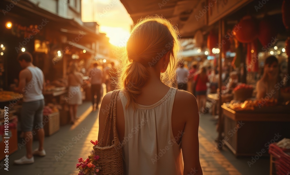 Young woman enjoying sunset at market Young woman enjoying sunset at market