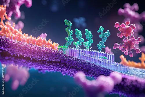 Digital illustration of cellular pathways and protein interactions, representing molecular biology