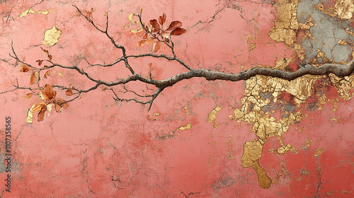 Light blush pink background with iridescent gold kintsugi, peeling texture effect


