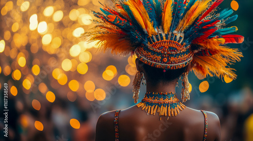 Festive caribbean woman in vibrant costume at outdoor celebration with colorful feather headdress