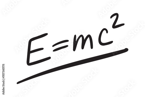 e equal mc2 formula. Physics formula hand drawing e equal sign mc2. energy, mass and speed of light doodle line lettering.