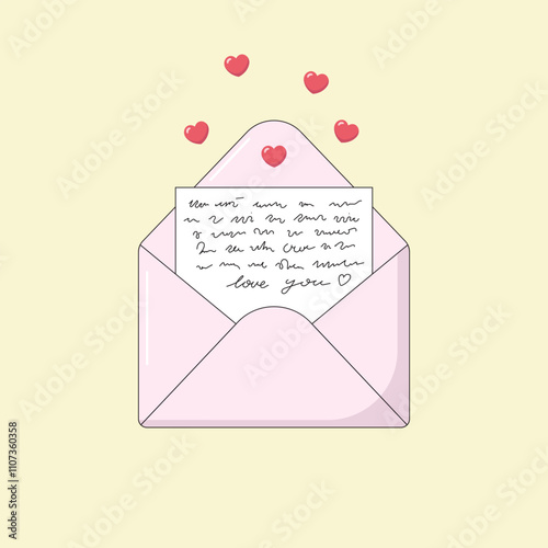 Pink envelope with  love letter inside for Valentine's day, vector illustration.