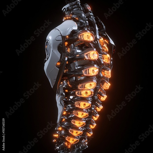 Glowing Futuristic Cyborg Exoskeleton with Illuminated Metallic Armor in Dark Abstract Setting