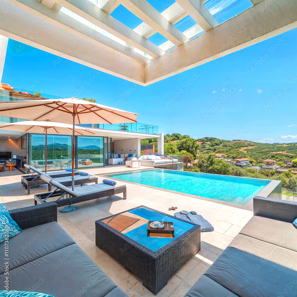 Fototapeta premium Fantastic private villa, terrace view with sun beds chairs under umbrella, luxury pool hotel stunning summer pattern. Beautiful spa or wellness, recreational vacation resort tourism. Tranquil sea sky 