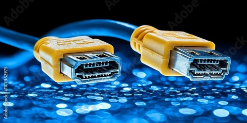 Internet LAN network connection ethernet cable. Internet cord RJ45 on blue abstract background. 3d , isolated on white background,  , copy space, copy space for text, photo